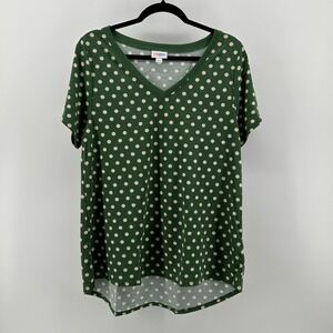 LuLaRoe Christy T Green Polka Dot V-Neck Short Sleeve High Low Top L Relaxed Fit